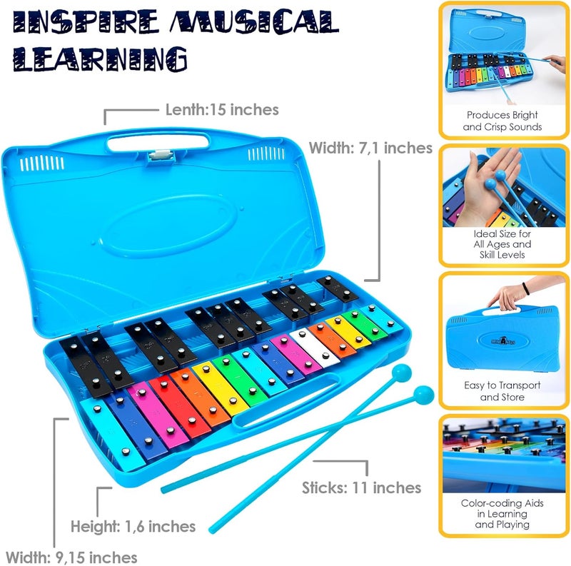 MINIARTIS Glockenspiel Xylophone | 25 Note Colorful Metal Keys Xylophone for Kids | Percussion Musical Instrument | Educational Music Toy Includes Music Songbook, Mallets and Blue Carry Case - Image 4